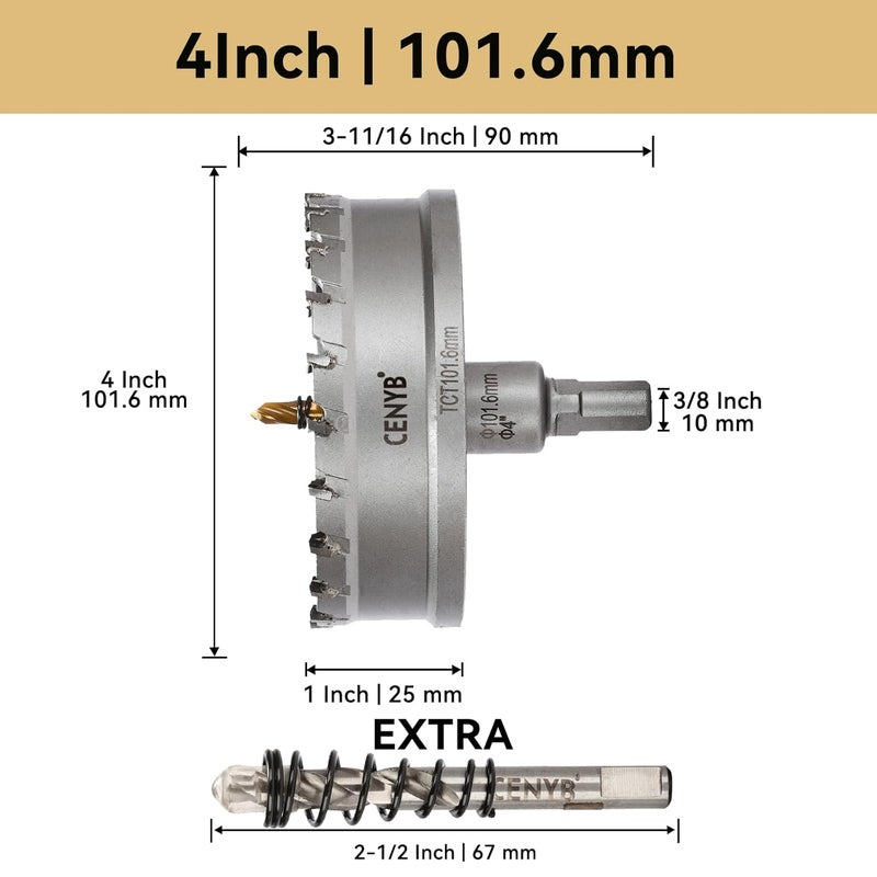 cenyb 4" (101.6mm) Tungsten Carbide Tipped Hole Saw with 2Pcs Titanium-Plated Pilot Drill Bits for Hard Metal,Stainless Steel,Iron,Aluminum Alloy,Wood and Plastic - Image 2